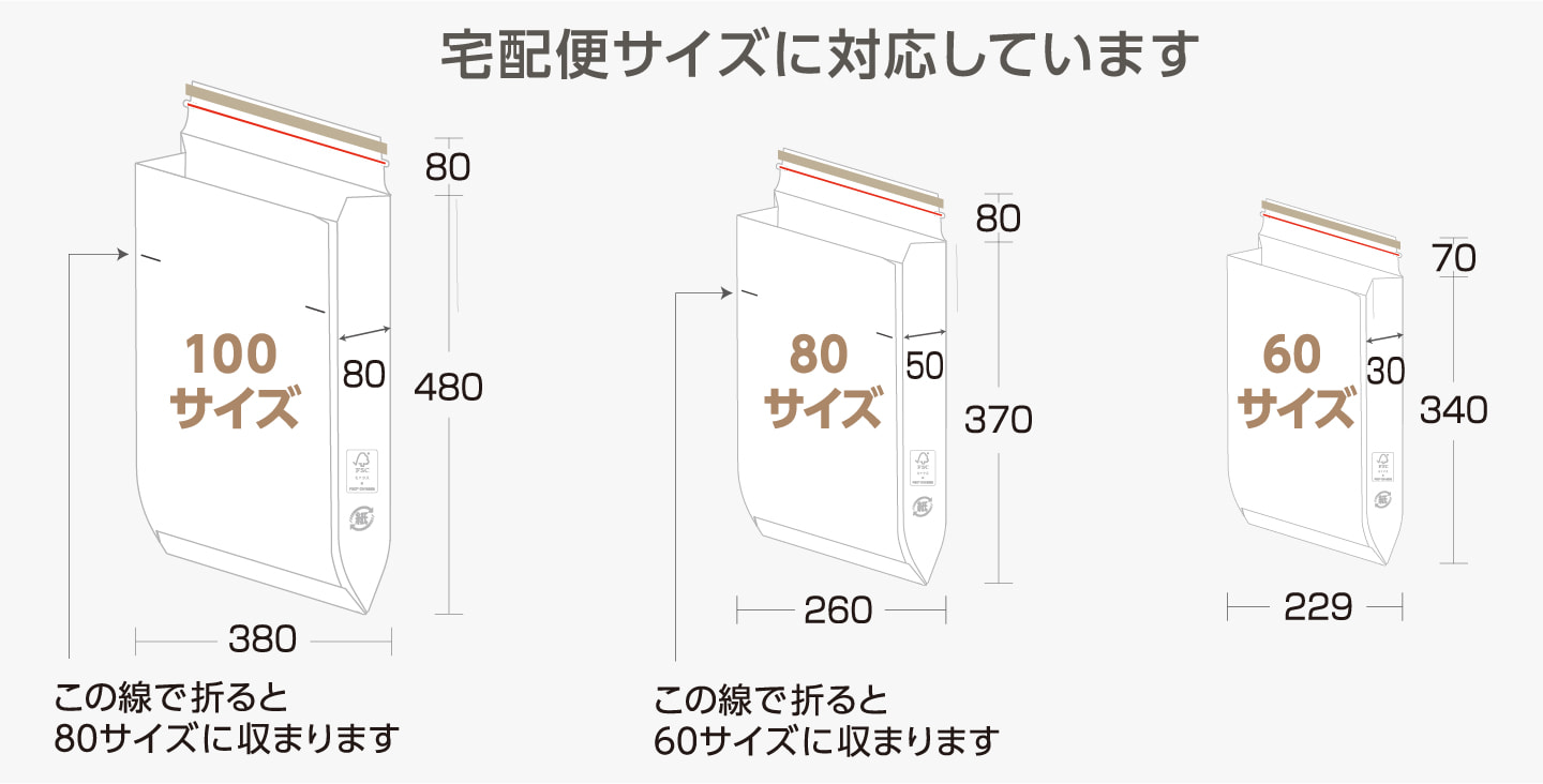 ECバッグ 60・80・100サイズの紙製宅配袋・発送袋 サイズ比較図