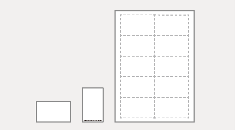 バガス名刺用紙のサイズバリエーションイラスト｜9号サイズ名刺用紙とA4サイズ（9号10丁付き）用紙のラインナップを示し企業名刺やショップカード、診察券制作など異なる用途に対応するサトウキビ由来バガス紙の環境配慮型用紙製品特性を説明する図解
