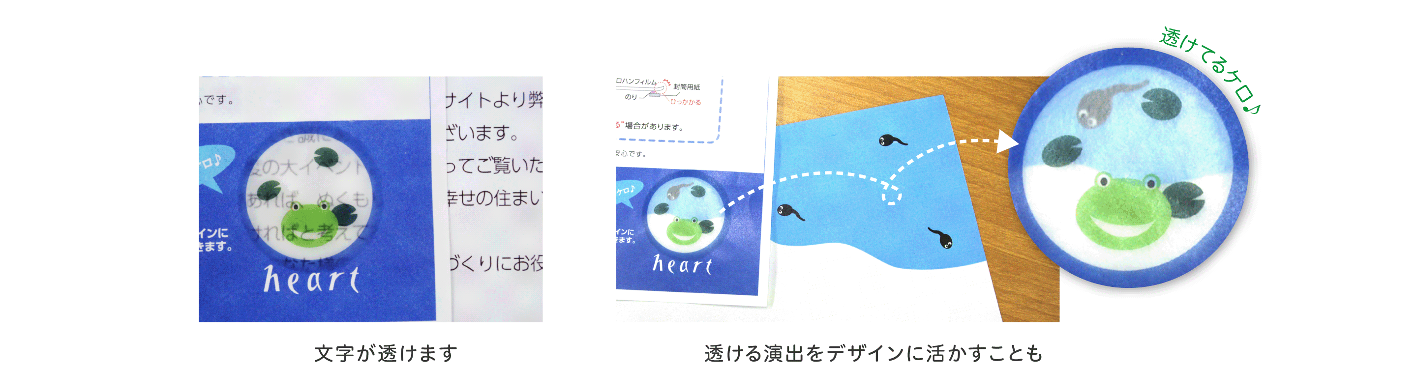 ワックス窓部分に印刷が可能で透かしデザインを取り入れられるワックス窓封筒の加工例イメージ|紙を半透明に加工した窓部分へロゴやパターン印刷ができるオリジナル窓付き封筒のデザイン性とブランディング対応を示す説明ビジュアル